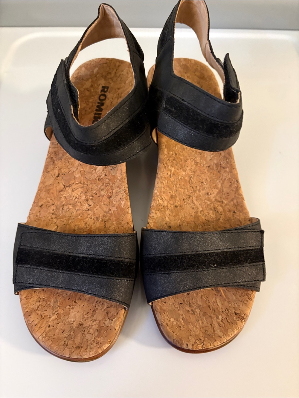 Romika Calgary Black Velcro Two-Strap Cork Wedge Sandals